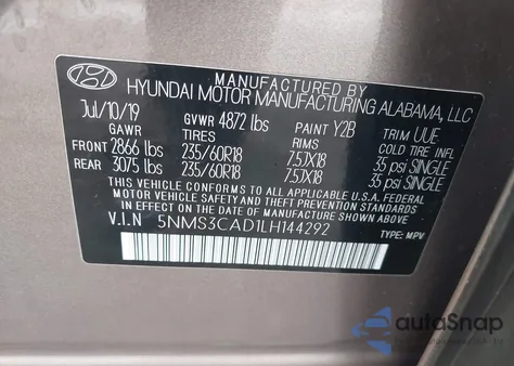 2020 Hyundai Santa Fe Sel z USA, uszkodzony, nr VIN 5NMS3CAD1LH144292